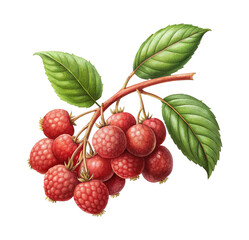 A sprig of fresh yumberries adorned with green leaves capturing nature's sweetness