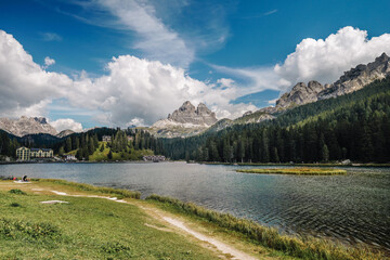 Misurina lakeshore with view to Tre Cime