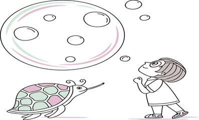 Dreamy Cartoon: A child gazes in wonder at an oversized bubble floating above, while a turtle appears to observe it with curiosity.