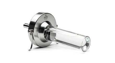 Close up of a stainless steel and glass device on a white background in a studio setting ai generated