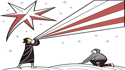 Celestial Vision: Two figures gaze at the cosmic wonders, one directing a beam of light towards a vibrant star, symbolizing exploration, discovery, and the vastness of the universe.