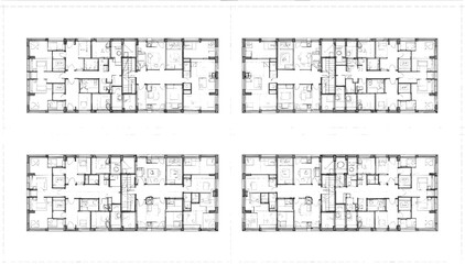Detailed apartment floor plan layout, architectural building blueprint, residential design concept for multi-unit housing complex, cad drawing flat vector illustration