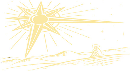Guiding Star: An illustration depicting a radiant celestial star, its beams illuminating a distant landscape with a serene, ethereal glow. The star symbolizes guidance, hope.