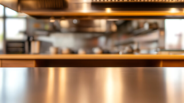 Reflective stainless steel surface in a restaurant kitchen, with out-of-focus ovens, hoods, and prep areas in the background. Warm light adds depth and shine, creating an inviting culinary scene.