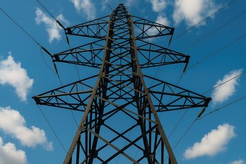 Electrical tower lines against a blue sky with clouds, power grid infrastructure, electricity transmission