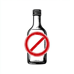Textured outline icon of an alcohol bottle with a red prohibition sign, black, white, and red, representing no alcohol policy with copy space	
