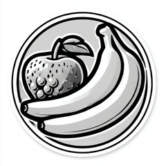 Minimalist circular monochrome sticker featuring banana and apple fruit, black and white sketch style, representing fresh organic food and simple design