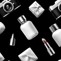 Obraz premium Monochrome seamless pattern of floating cosmetic bottles, gifts, and vintage cameras, white and black, representing luxury beauty and media repetition.