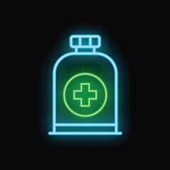 Glowing neon line medicine bottle and pills icon isolated on black background. Container with medical pills. Vector illustration