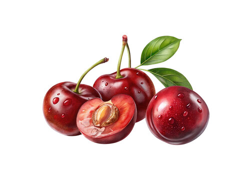 Fresh capulin cherries whole and halved with water droplets natural food photography
