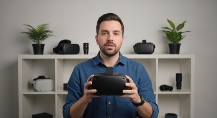 Caucasian young adult male holding virtual reality headset in tech-themed room with shelves