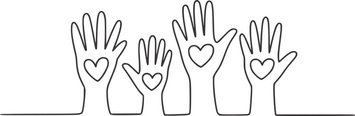 Minimalist line drawing of hands with hearts love unity