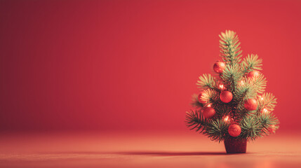 Small decorated Christmas tree with red baubles and lights on red background, minimalist festive composition symbolizing cozy holiday spirit, winter celebration, and New Year decor concept