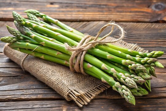 Freshly harvested bundle of green asparagus tied with twine on a rustic wooden table