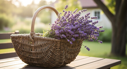 A wicker basket filled with lavender flowers sits on a wooden table in a garden setting outdoors ai generated
