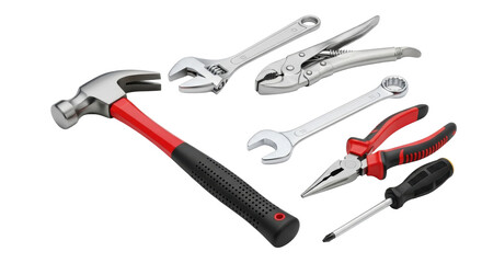 New, shiny metallic hammer (red handle), wrenches, pliers & screwdriver precisely arranged diagonally on a transparent background with copy space, studio lit, no shadows. Concept of craftsmanship