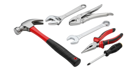 New, shiny metallic hammer (red handle), wrenches, pliers & screwdriver precisely arranged diagonally on a transparent background with copy space, studio lit, no shadows. Concept of craftsmanship