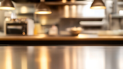 Blurred image of a professional kitchen featuring stainless steel surfaces and hanging lights, creating a sense of activity and culinary atmosphere. Warm lighting effect.