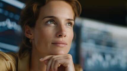 Professional analyzing financial websites with AR overlays, facial expression of concentration and satisfaction, symbolizing smart browsing, real-time data visualization, and advanced augmented