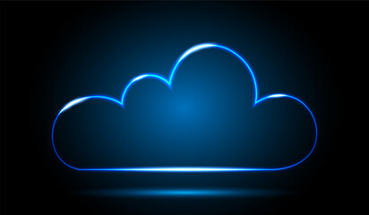Neon digital cloud icon on a black and blue background. Visualization of data transmission over a network. An elongated neon cloud with highlights. Vector EPS 10.