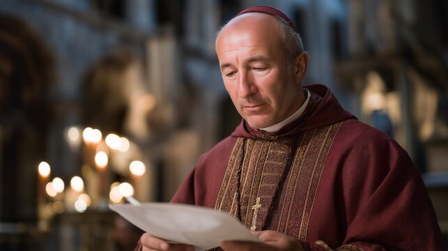 Cardinal leading an evening prayer service under painted ceilings of a Gothic cathedral, surrounded by candlelight and incense, symbolizing ritual, tradition, and divine inspiration.  cinematic