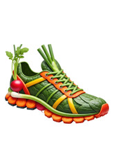 A running shoe meticulously crafted from fresh, vibrant vegetables: spinach upper, carrot/radish sole, bell pepper/spring onion accents, against a transparent background. Concept of healthy fitness