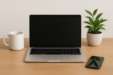 Fototapeta premium Desk setup with laptop, mug, plant, and smartphone on a wooden surface.