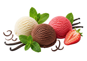 Perfectly formed vanilla, chocolate, strawberry ice cream scoops with mint, chocolate curls, vanilla pods, and strawberry on a transparent isolated background, high-angle shot, concept for premium