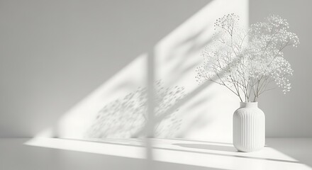 Delicate White Gypsophila Flowers in a Ribbed Vase with Sunlight Shadow Play baby's breath floral