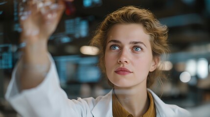 Scientist examining blood samples through augmented reality interface, displaying holographic data, with expressive curiosity and concentration, symbolizing high-tech medical research and