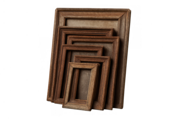 Collection of brown empty rustic wooden picture frames in various sizes with neutral textured background, transparent