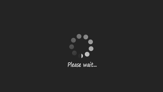 Please wait animation text on grey background. Please wait loading process with spinning dots, please wait animation Isolated , 4k video.