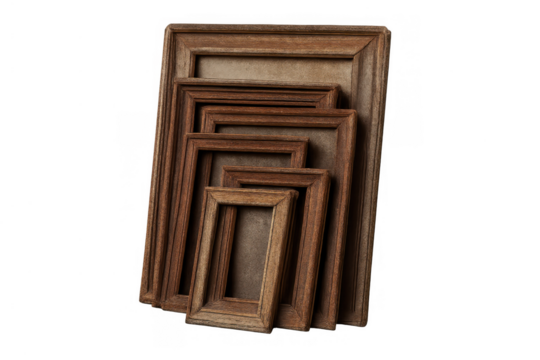 Collection of brown empty rustic wooden picture frames in various sizes with neutral textured background, transparent