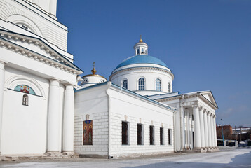 View of the Cathedral of Nikola Bely in winter - an orthodox church in the city of Serpukhov, Moscow region. Russia