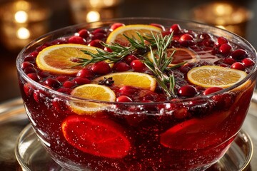 Mulled Cranberry and Orange Punch in glass bowl, garnished with orange slices, pomegranate, rosemary. Concept of warmth, celebration, festive punch with cranberries and orange slices.