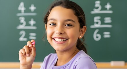 Smiling elementary school girl standing in front of a chalkboard with math equations, looking at the camera, holding a pink chalk, and enjoying learning in the classroom