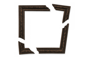 Broken dark brown wooden frame, showing detached pieces and textured, ornate carving. Transparent background