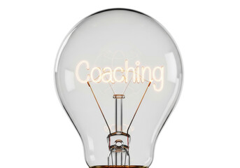 Vintage Edison-style light bulb with glowing 'Coaching' filament, isolated on a transparent, shadowless background with warm incandescent glow. Concept of innovation, clarity, and mentorship