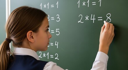 Young girl writing math equations on a chalkboard, showcasing education, learning, and problemsolving skills in a classroom setting, with a focus on multiplication and arithmetic