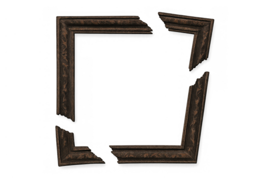 Broken dark brown wooden frame, showing detached pieces and textured, ornate carving. Transparent background