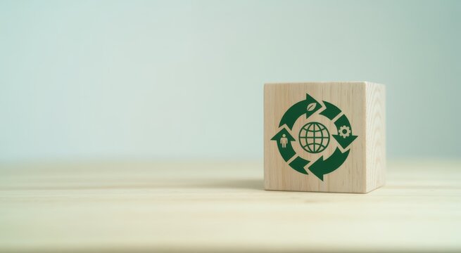 Eco-Friendly Concept: A wooden cube displays the universally recognized recycling symbol, suggesting an important message about conservation.