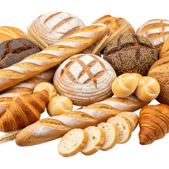 Diverse fresh artisanal bread, including baguettes, sourdough, seeded loaves, rolls, croissants, on white with wheat stalks, flat lay studio shot. Concept of delicious freshness and quality