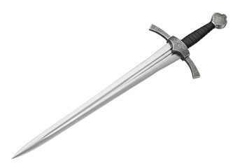 A majestic medieval two-handed greatsword with a gleaming silver blade and ornate hilt, isolated on a stark white background with ample negative space. Concept of medieval craftsmanship