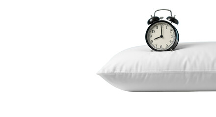 Black vintage alarm clock on fluffy white pillows, high angle, soft bright light, no shadows, minimalist light blue background with copy space, ultra realistic UHD, serene morning wake-up concept
