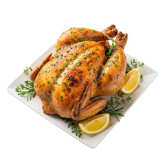 Perfectly roasted whole chicken, golden brown, crispy, glistening, seasoned. Lemon wedges, rosemary on white plate, transparent studio background, high-angle. Concept of professional food advertising