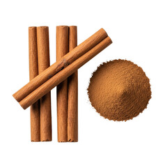 Three reddish-brown cinnamon sticks and dark ground powder, showcasing rough texture and granular detail on a transparent background under bright studio light. Concept of natural spice purity