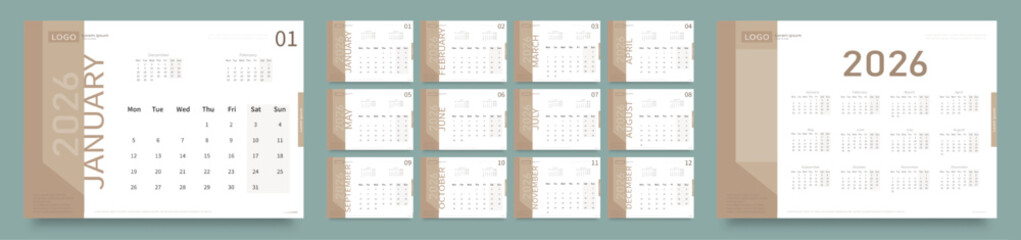 Vector layout of a wall or desktop calendar for 2026 with the date of the beginning of the week on Monday. 2026 Calendar Planner Set of Template 12 Monthly Page. Vector EPS 10.