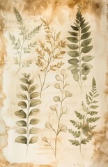 Watercolor, vintage-style botanical illustration of ferns and leaves on an old paper background.