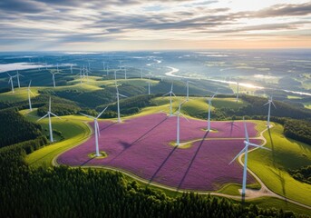 Obraz premium Vast wind farm towers stand amidst rolling hills and lavender fields