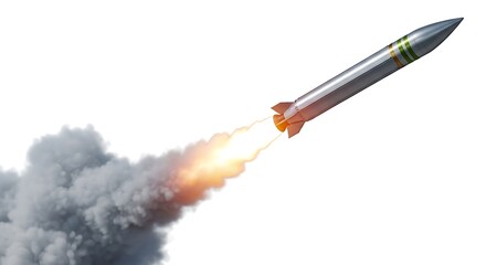 Silver Missile Launching with Smoke and Fire Trails on White Background image stock
